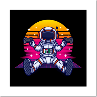 Retrowave Astronaut With Controller Vintage Gaming Posters and Art